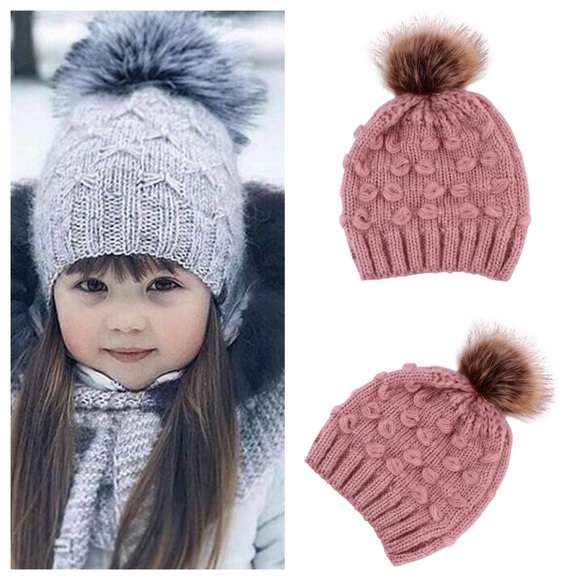 Baby/Toddler Pink Knit Beanie with Fur Pom Pom - Picture 2 of 6